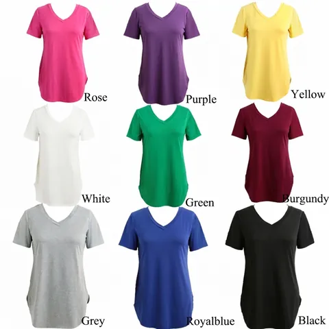 Women V-Neck Short Sleeve Loose T-Shirt Polyester Solid Color Curved Hem Plus Size Summer Casual Basic Top