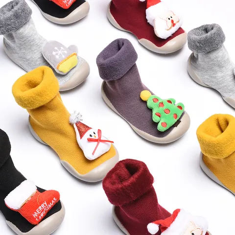 Christmas Baby First Walker Shoes Cotton Knit Non-slip Sock Shoes Warm Thickened Fleece Toddler Cartoon Winter Indoor Shoes