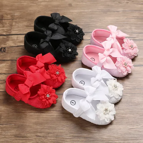 Infant Baby Girls Princess Shoes Soft Sole Non-slip Lace Bowknot Flower Rhinestone Artificial Pearl First Walkers Mary Jane Dress Shoes