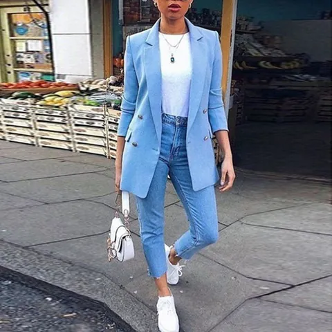 Women's Mid-Long Elegant Blazer Lapel Double Breasted Casual Professional Solid Color Outerwear Top Cotton Blend Suit Jacket