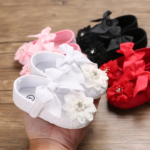 Infant Baby Girls Princess Shoes Soft Sole Non-slip Lace Bowknot Flower Rhinestone Artificial Pearl First Walkers Mary Jane Dress Shoes