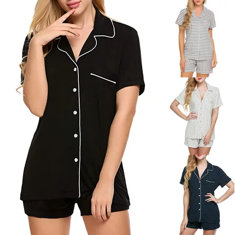 Women Short Sleeve Top And Bottom Pajama Set Cotton Blend Notched Lapel Loungewear Striped Polka Dot Homewear Summer Sleepwear