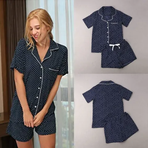 Women Short Sleeve Top And Bottom Pajama Set Cotton Blend Notched Lapel Loungewear Striped Polka Dot Homewear Summer Sleepwear