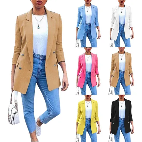 Women's Mid-Long Elegant Blazer Lapel Double Breasted Casual Professional Solid Color Outerwear Top Cotton Blend Suit Jacket