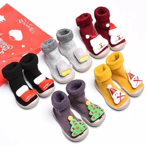 Christmas Baby First Walker Shoes Cotton Knit Non-slip Sock Shoes Warm Thickened Fleece Toddler Cartoon Winter Indoor Shoes