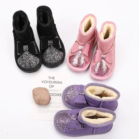 Kids Winter Snow Boots Cow Suede Cartoon Dog Bowknot Warm Plush Lining Non-Slip High Top Boots For Toddlers Boys Girls