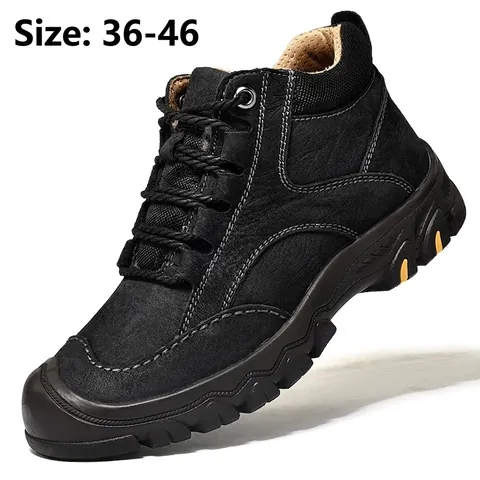 Men Mid Top Genuine Leather Hiking Boots Cowhide Casual Outdoor Martin Boots Non-Slip Wear-Resistant Mountaineering Shoes
