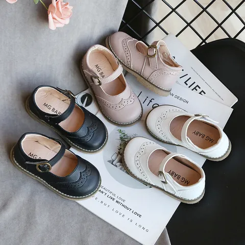 Girls Japanese Style Mary Jane Shoes Round Toe Brogue Carving Soft Sole PU Leather Princess Dress Shoes For Stage Performance