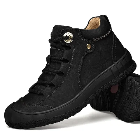 Men Outdoor Casual Genuine Leather Martin Boots Non-Slip Wear-Resistant Rubber Sole Hiking Walking Mid-Top Lace-Up Shoes
