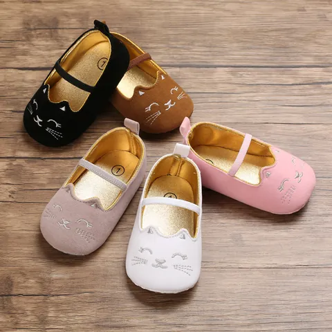 Scarpe Primi Passi Neonata in Cotone Con Ricamo Gatto Cartone Animato Suola Morbida Mary Jane Per Primavera Autunno
