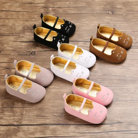 Chaussures d'Apprentissage pour Bébé Broderie Chat de Dessin Animé Semelle Souple Chaussures Décontractées pour Nourrisson 0-1 An