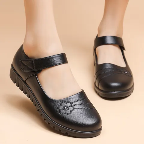 Women Genuine Leather Mother Shoes Middle-Aged Elderly Non-Slip Flat Shoes Cowhide Floral Rhinestone Velcro Casual Walking Shoes