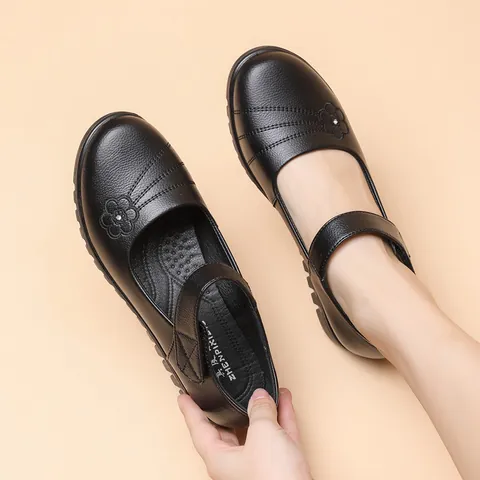 Women Genuine Leather Mother Shoes Middle-Aged Elderly Non-Slip Flat Shoes Cowhide Floral Rhinestone Velcro Casual Walking Shoes