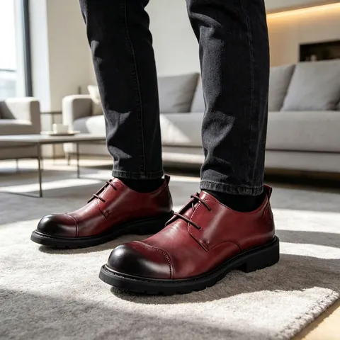 Men's Business Casual Leather Shoes Genuine Cowhide Lace Up Big Round Toe Wedding Shoes Handmade Thick Sole Formal Dress Shoes