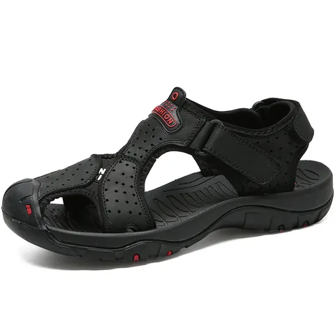 Men's Cowhide Leather Outdoor Beach Sandals Closed Toe Casual Non-Slip Walking Shoes With Magic Tape Plus Size Summer