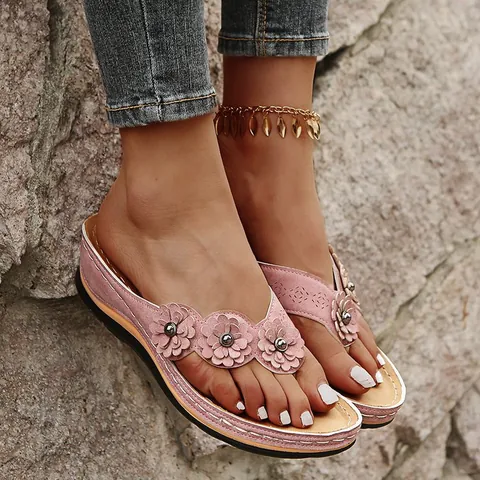 Women Retro Bohemian Flower Wedge Flip Flops Synthetic Leather Laser Cutout Thick Sole Beach Sandals Casual Vacation Slippers