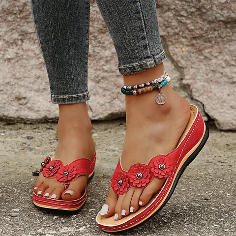 Sandalias de Dedo de Cuña de Piel de Oveja Western Vintage para Mujer Corte Láser Floral Plataforma Sandalias de Playa de Verano