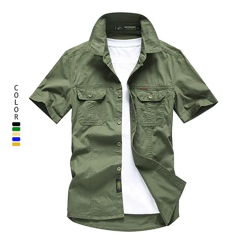 Men Short Sleeve Cotton Cargo Shirt Breathable Solid Color Casual Outdoor Button Down Shirt With Pockets Workwear Top