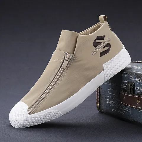 Herren High-Top Segeltuch-Sneaker Mode Reißverschluss Flache Board-Schuhe Britischer Stil Lässige Vulkanisierte Gummisohle Männliche Schuhe