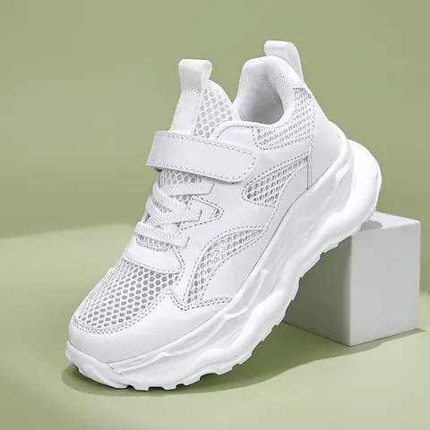 Kids Boys White Mesh Running Shoes Breathable Lightweight Hollow Out Sneakers Hook And Loop Casual School Athletic Footwear