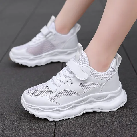 Kids Boys White Mesh Running Shoes Breathable Lightweight Hollow Out Sneakers Hook And Loop Casual School Athletic Footwear