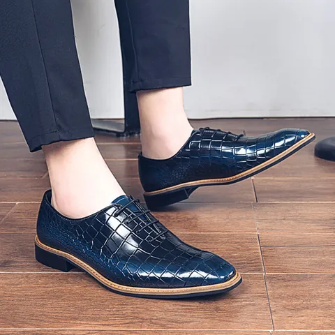 Men Business Formal Dress Shoes Crocodile Embossed Patent Leather Oxford Shoes for Wedding Banquet Gradient Color Lace-up