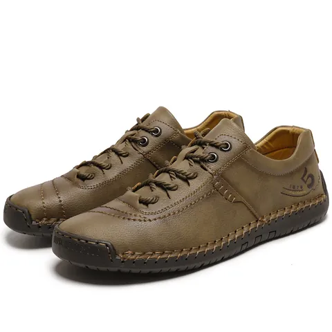 Men Vintage Hand-Stitched Leather Casual Shoes Outdoor Wear-Resistant Microfiber Flat Loafers Large Size 38-48