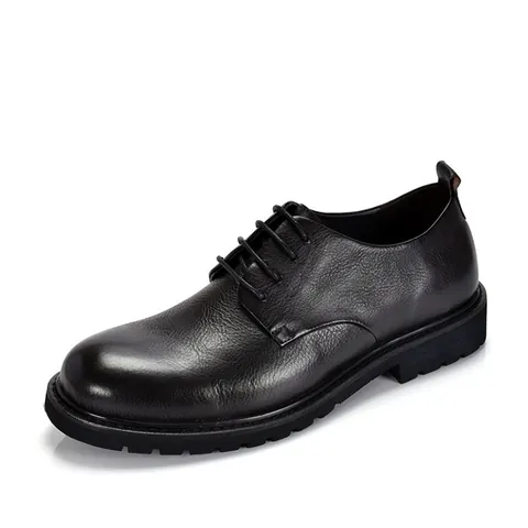 Vintage British Style Men Genuine Leather Casual Shoes Hand-Burnished Thick Sole Cowhide Leather Round Toe Derby Shoes
