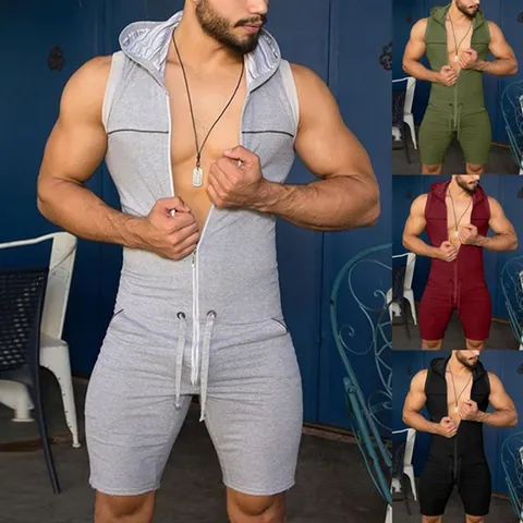 Men Casual Hooded Sleeveless Romper Polyester Slim Fit Sporty Jumpsuit With Front Zipper Drawstring Waist Summer Home Wear