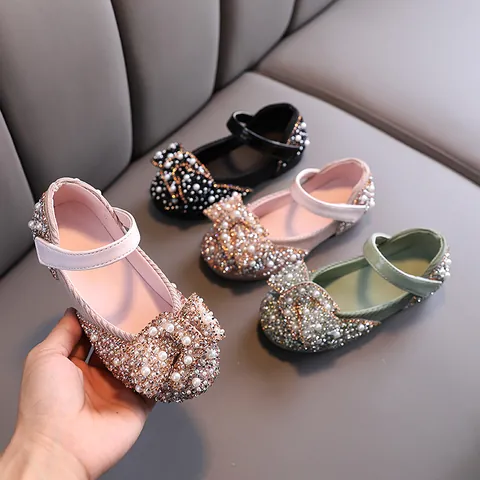 Kids Girls Mary Jane Shoes Bow Rhinestone Artificial Pearl Performance Dance Shoes Spring Autumn Wedding Party Dress Shoes