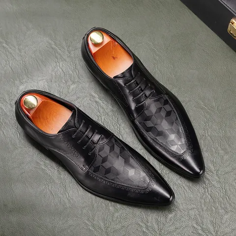 Men Genuine Leather Business Shoes Pointed Toe Laser Engraved 3D Pattern British Gentleman Cowhide Formal Oxford Shoes
