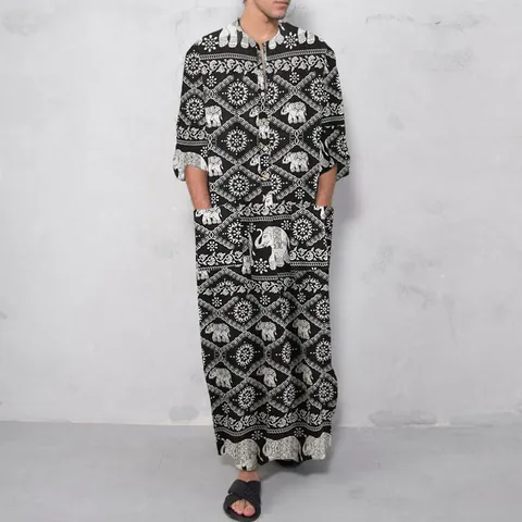 Men's Ethnic Print Cotton Kaftan Robe Long Sleeve Loose Casual Thobe With Oracle Bone Elephant Graphic Pattern Retro Loungewear