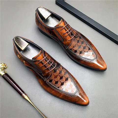 Men Genuine Leather Business Shoes Pointed Toe Laser Engraved 3D Pattern British Gentleman Cowhide Formal Oxford Shoes
