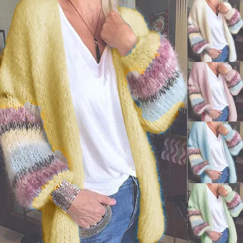 Women Striped Contrast Color Mohair Like Knitted Cardigan Sweater Loose Open Front Long Sleeve Outerwear For Autumn Winter
