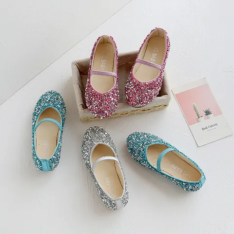 Girls Sequin Artificial Leather Shoes Sparkling Kids Mary Jane Performance Dance Shoes Baby Princess Flat Shoes Glitter