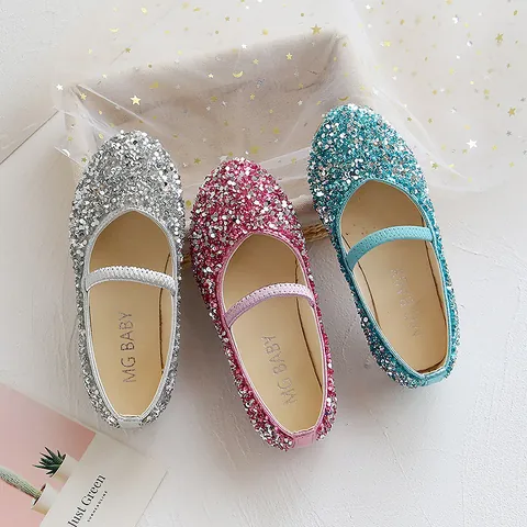 Girls Sequin Artificial Leather Shoes Sparkling Kids Mary Jane Performance Dance Shoes Baby Princess Flat Shoes Glitter