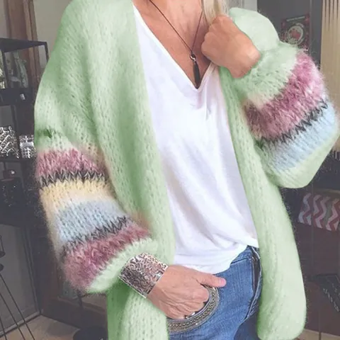 Women Striped Contrast Color Mohair Like Knitted Cardigan Sweater Loose Open Front Long Sleeve Outerwear For Autumn Winter