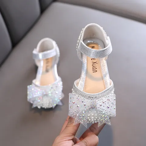 Girls Princess Shoes Korean Style Glitter Bowknot Rhinestone Artificial Pearl Performance Flat Shoes For Wedding Party Dress Shoes