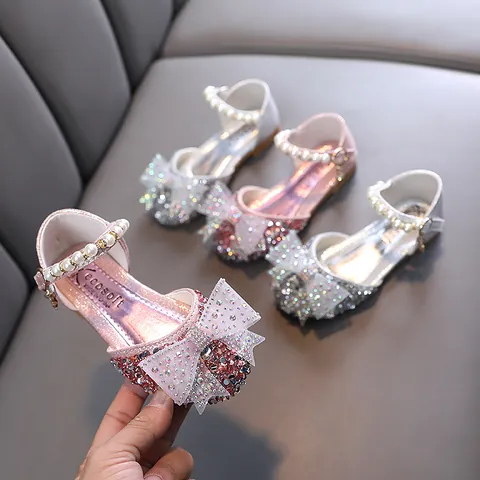 Girls Princess Single Shoes Rhinestone Bowknot Artificial Pearl Performance Shoes For Wedding Party Kids Formal Leather Shoes