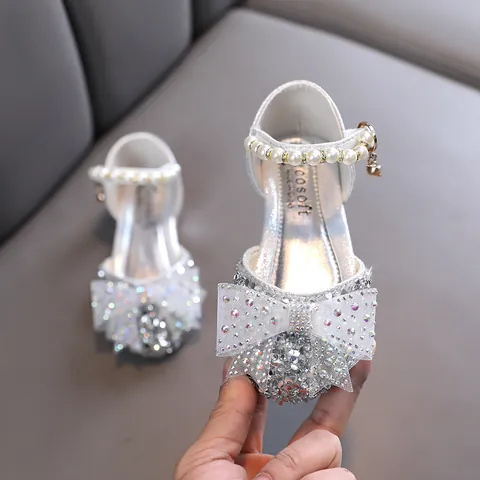 Girls Princess Single Shoes Rhinestone Bowknot Artificial Pearl Performance Shoes For Wedding Party Kids Formal Leather Shoes