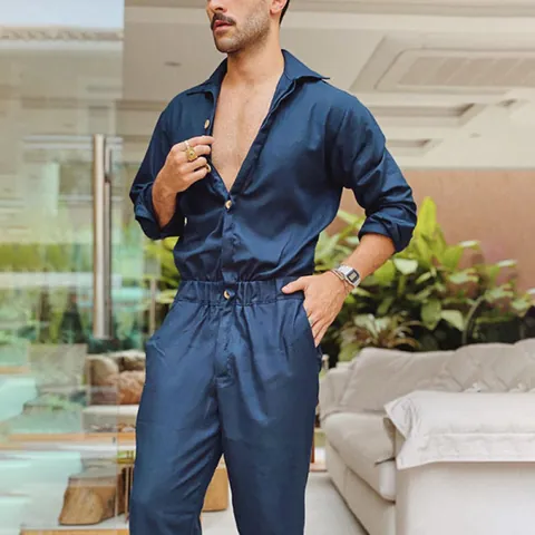 Mono Casual de Manga Larga para Hombre Solapa Botonadura Sencilla Color Sólido Ajustado de Una Pieza Estilo Británico Traje de Poliéster Tejido