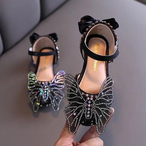 Girls Summer Princess Sandals Sparkly Rhinestone Butterfly Knot Soft Sole Dress Shoes Faux Leather Kids Flat Party Shoes