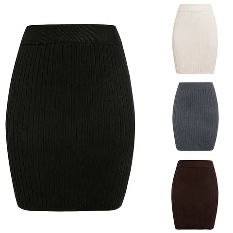 Women Elegant Solid Color Ribbed Knit Skirt Office Bodycon Mini Skirt Elastic High Waist Acrylic Bottom Slim Skirt For Daily
