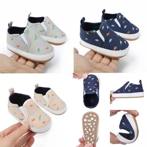 Baby Prewalker Shoes Anti-Slip Soft Sole Infant First Walker Dinosaur Pattern Cotton Canvas Slip-On Toddler Crib Shoes