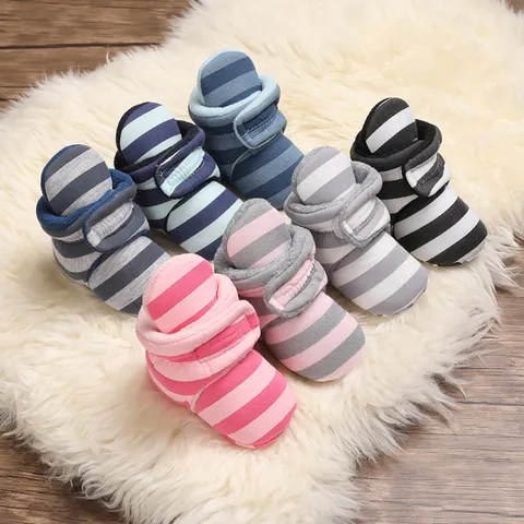 Baby Toddler First Walker Shoes Warm Fleece Lined Striped Cotton Soft Sole Snow Boots For Infants Boys Girls Winter Shoes