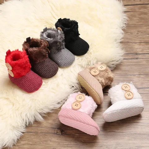 Baby Girls Cute Winter Snow Boots Infant Plush Warm Soft Sole First Walkers Toddler Knitted Cotton Shoes With Wooden Buttons