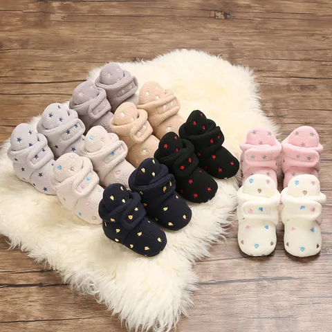 Infant Baby Winter Fleece Lined Warm Shoes Soft Sole Snow Boots First Walkers Heart Star Embroidery For Boys Girls