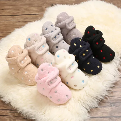 Infant Baby Winter Fleece Lined Warm Shoes Soft Sole Snow Boots First Walkers Heart Star Embroidery For Boys Girls