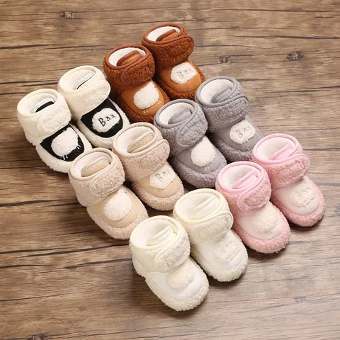 Warm Infant Snow Boots Fleece Lined First Walkers Cartoon Sheep Embroidered Soft Sole Baby Shoes With Hook-and-loop