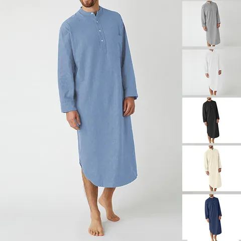 Men's Long Sleeve Button Solid Color Robe Cotton Blend Knitted Loose Long Shirt Casual Loungewear Kaftan Thobe For Spring Autumn